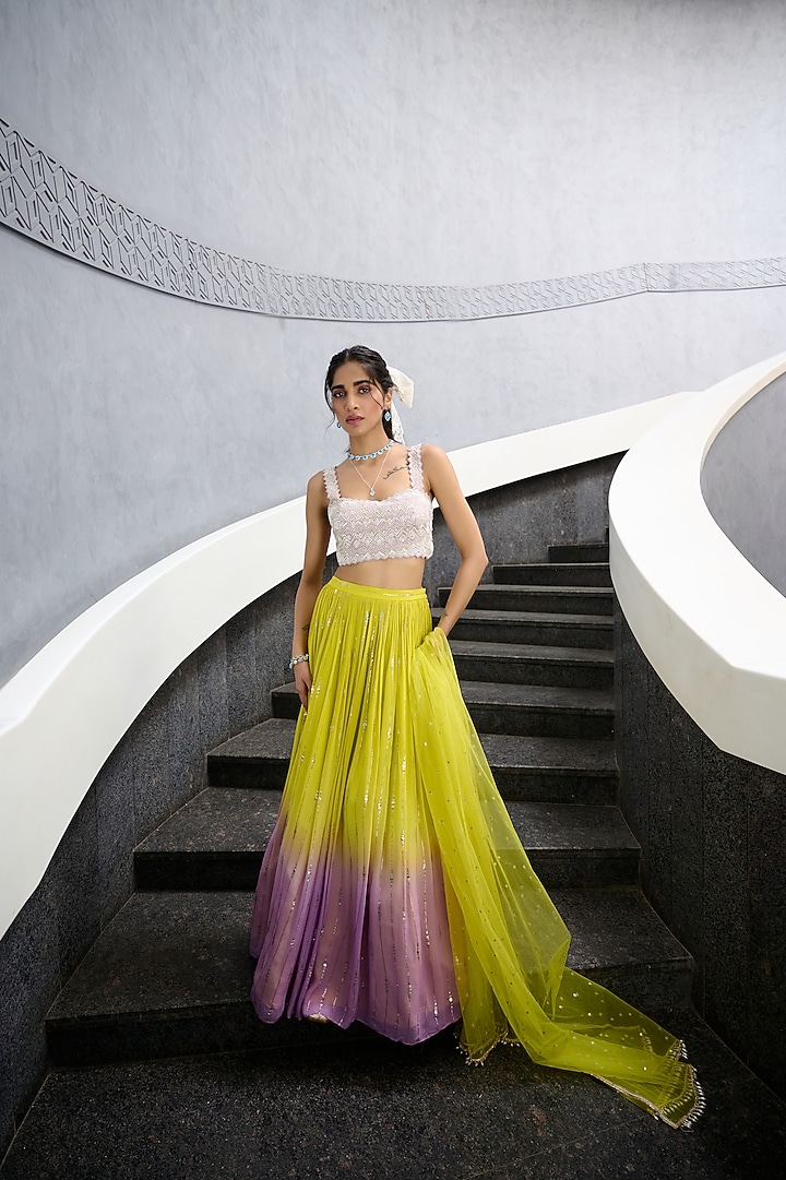 Lime Green & Lavender Ombre Georgette Sequin Work Wedding Lehenga Set by Chamee and Palak at Pernia's Pop Up Shop