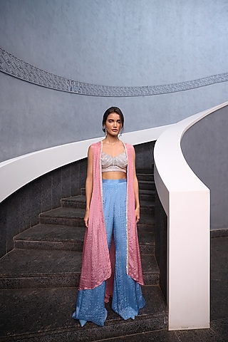 Bluish Grey Georgette Flared Pant Set by Chamee and Palak