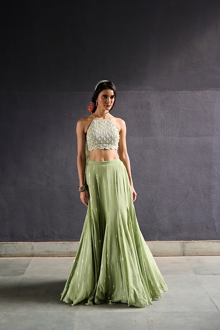 Olive Green Georgette & Raw Silk Sequin Work Lehenga Set by Chamee and Palak