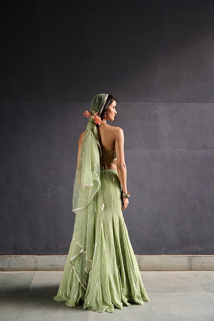 Olive Green Georgette & Raw Silk Sequin Work Wedding Lehenga Set by Chamee and Palak at Pernia's Pop Up Shop