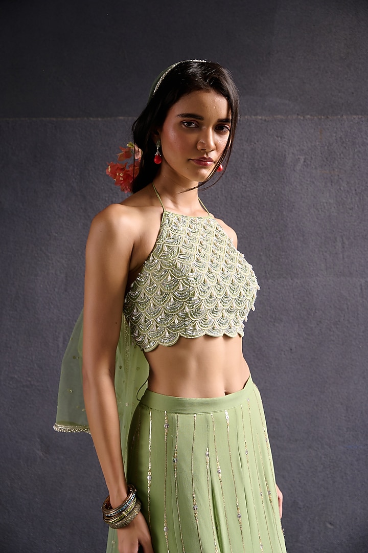 Olive Green Georgette & Raw Silk Sequin Work Wedding Lehenga Set by Chamee and Palak at Pernia's Pop Up Shop