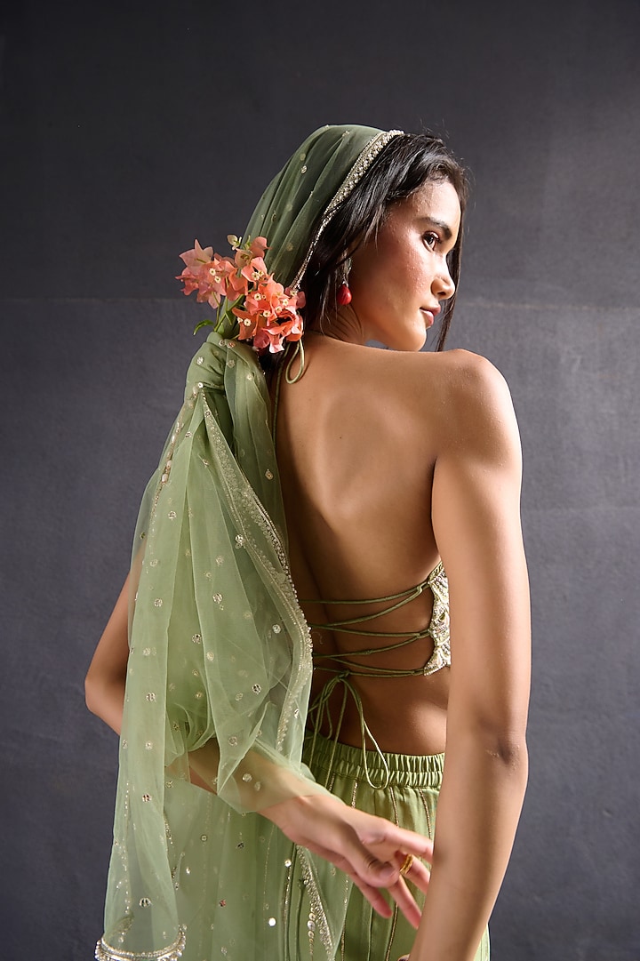 Olive Green Georgette & Raw Silk Sequin Work Wedding Lehenga Set by Chamee and Palak at Pernia's Pop Up Shop
