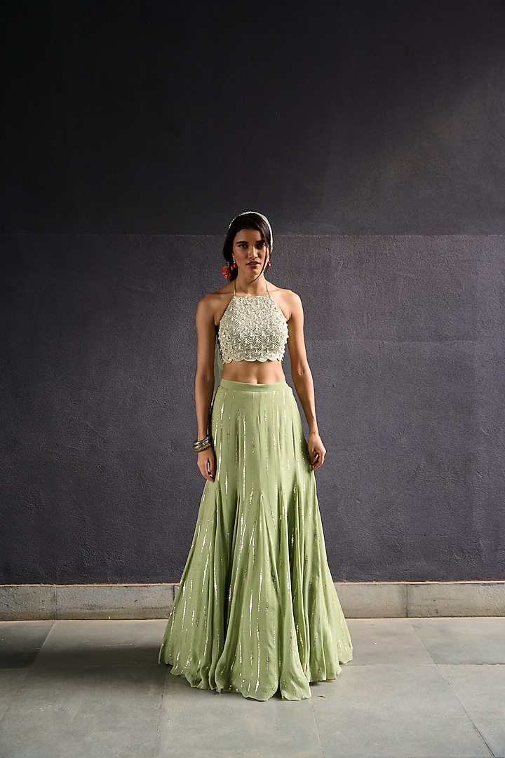 Olive Green Georgette & Raw Silk Sequin Work Wedding Lehenga Set by Chamee and Palak at Pernia's Pop Up Shop