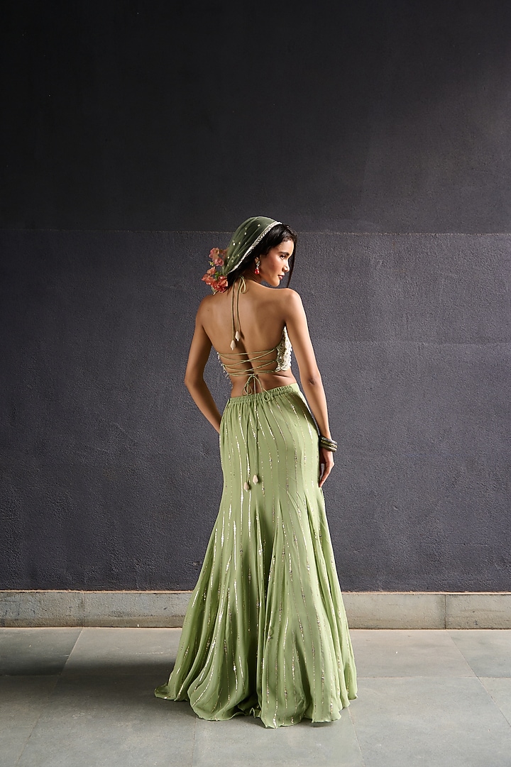 Olive Green Georgette & Raw Silk Sequin Work Wedding Lehenga Set by Chamee and Palak at Pernia's Pop Up Shop