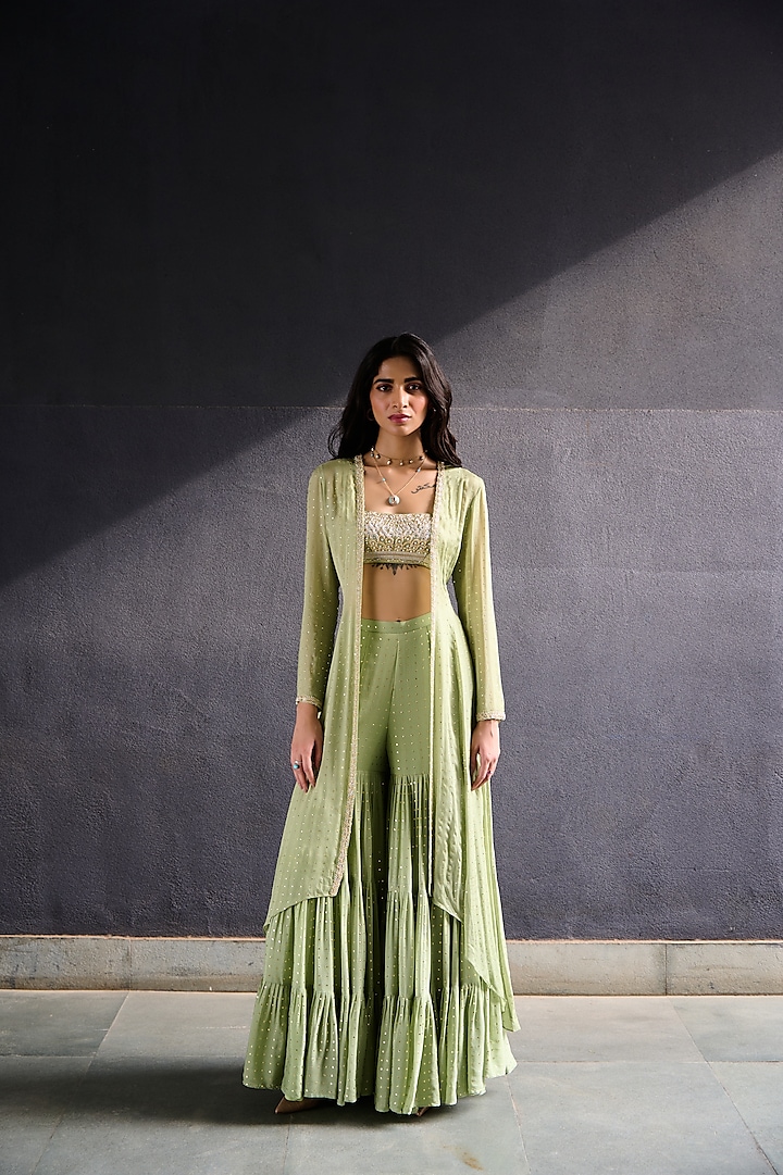 Olive Green Georgette Tiered Sharara Set by Chamee and Palak at Pernia's Pop Up Shop