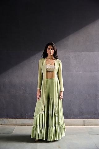 Olive Green Georgette Tiered Sharara Set by Chamee and Palak