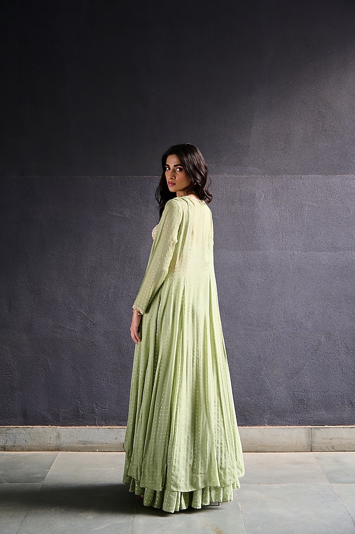 Olive Green Georgette Tiered Wedding Sharara Set by Chamee and Palak at Pernia's Pop Up Shop