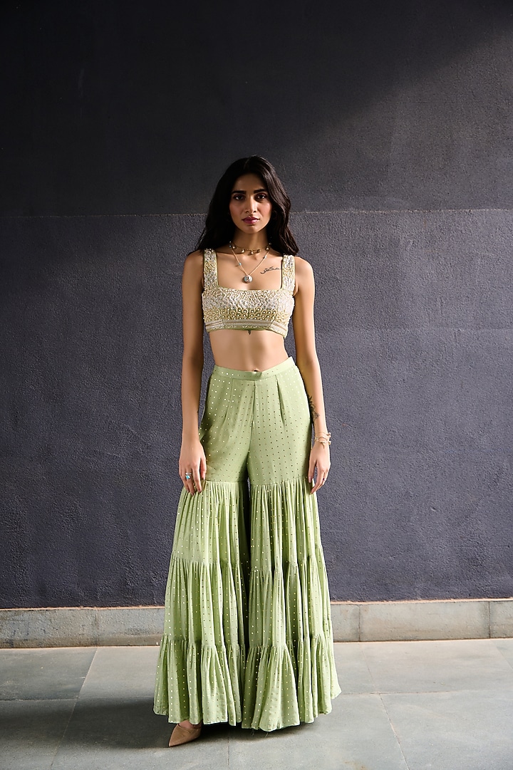 Olive Green Georgette Tiered Wedding Sharara Set by Chamee and Palak at Pernia's Pop Up Shop