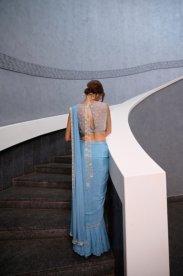 Blue Georgette Kali Wedding Saree Set by Chamee and Palak at Pernia's Pop Up Shop