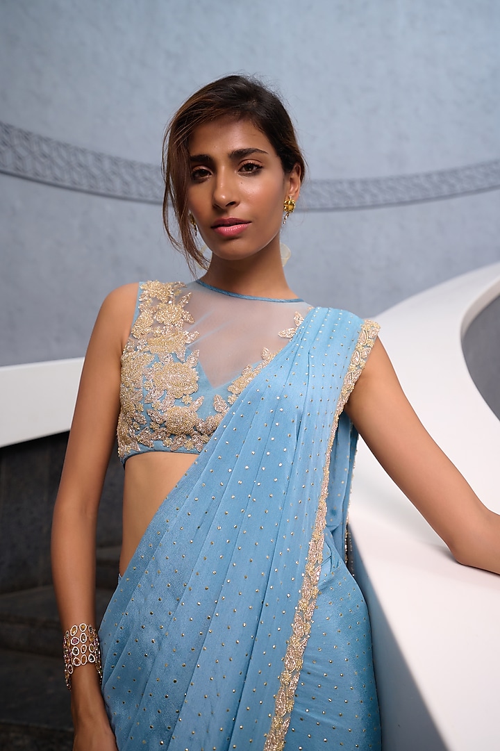 Blue Georgette Kali Wedding Saree Set by Chamee and Palak at Pernia's Pop Up Shop