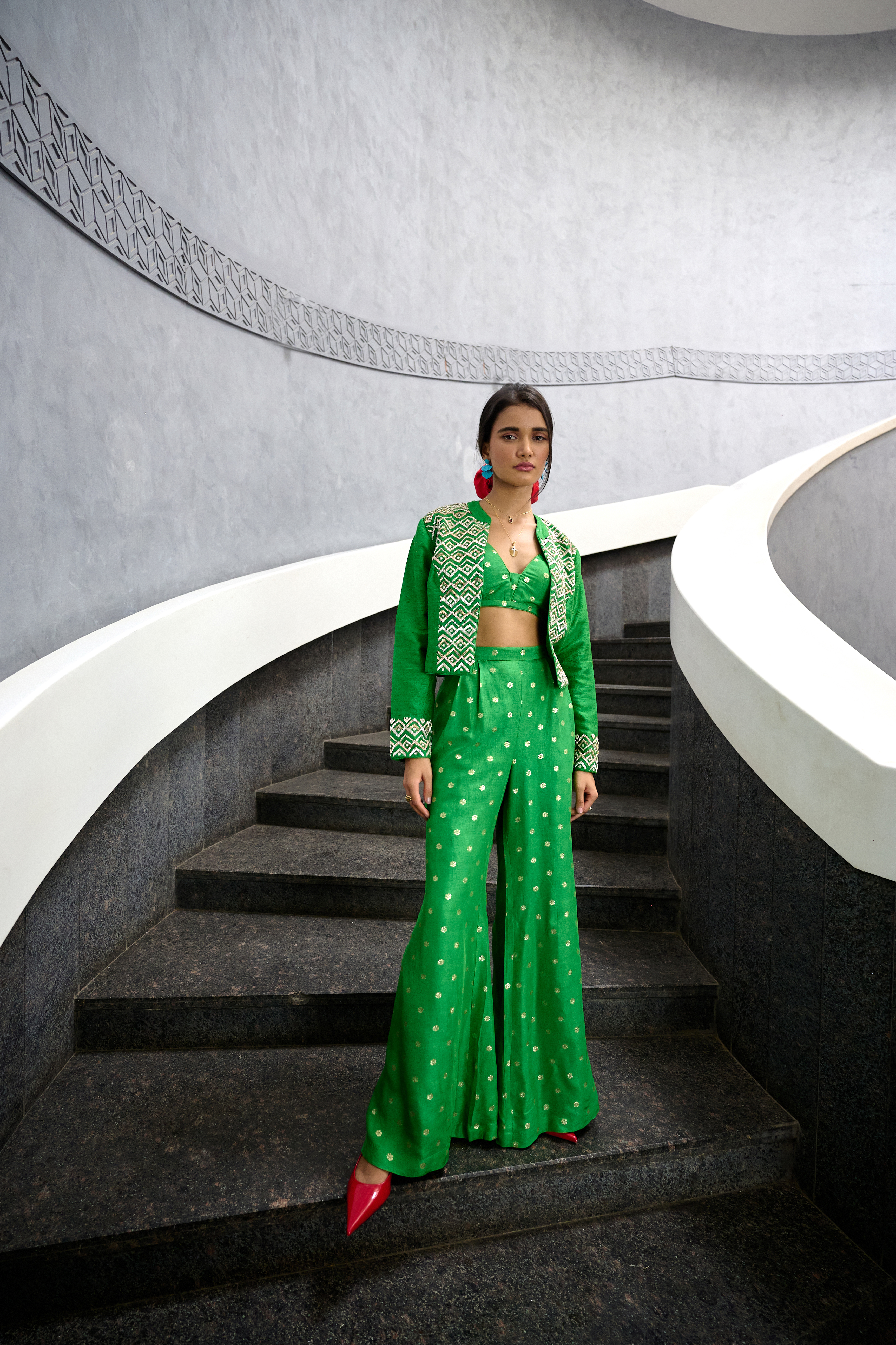 Green Jamawar Flared Pant Set by Chamee and Palak at Pernia's Pop Up Shop