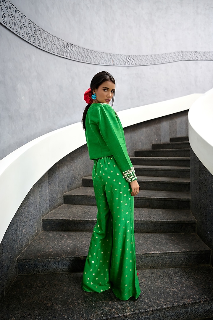 Green Jamawar Flared Pant Set by Chamee and Palak at Pernia's Pop Up Shop