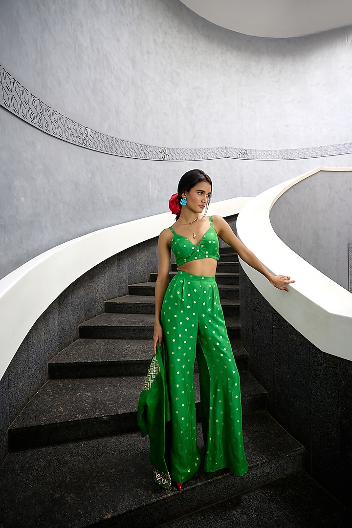Green Jamawar Flared Pant Set by Chamee and Palak at Pernia's Pop Up Shop