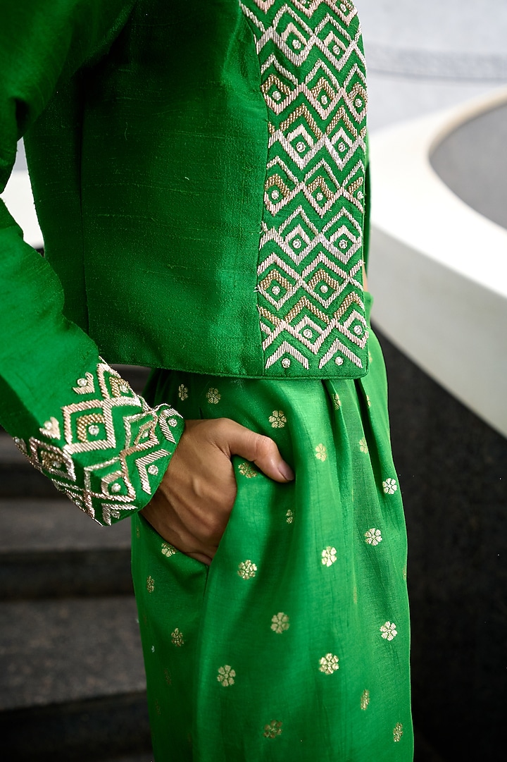 Green Jamawar Flared Pant Set by Chamee and Palak at Pernia's Pop Up Shop