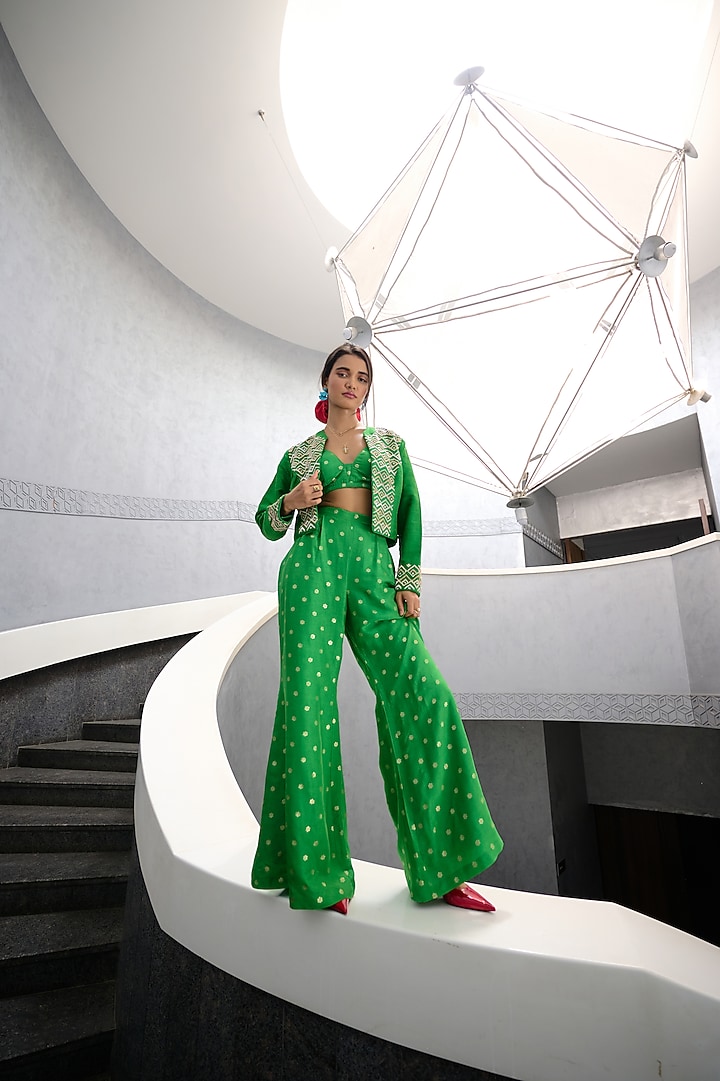 Green Jamawar Flared Pant Set by Chamee and Palak at Pernia's Pop Up Shop