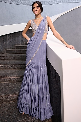 Grey Georgette Sequin Tiered Saree Set by Chamee and Palak