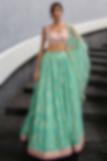 Sea Green Georgette Jamawar Lehenga Set by Chamee and Palak