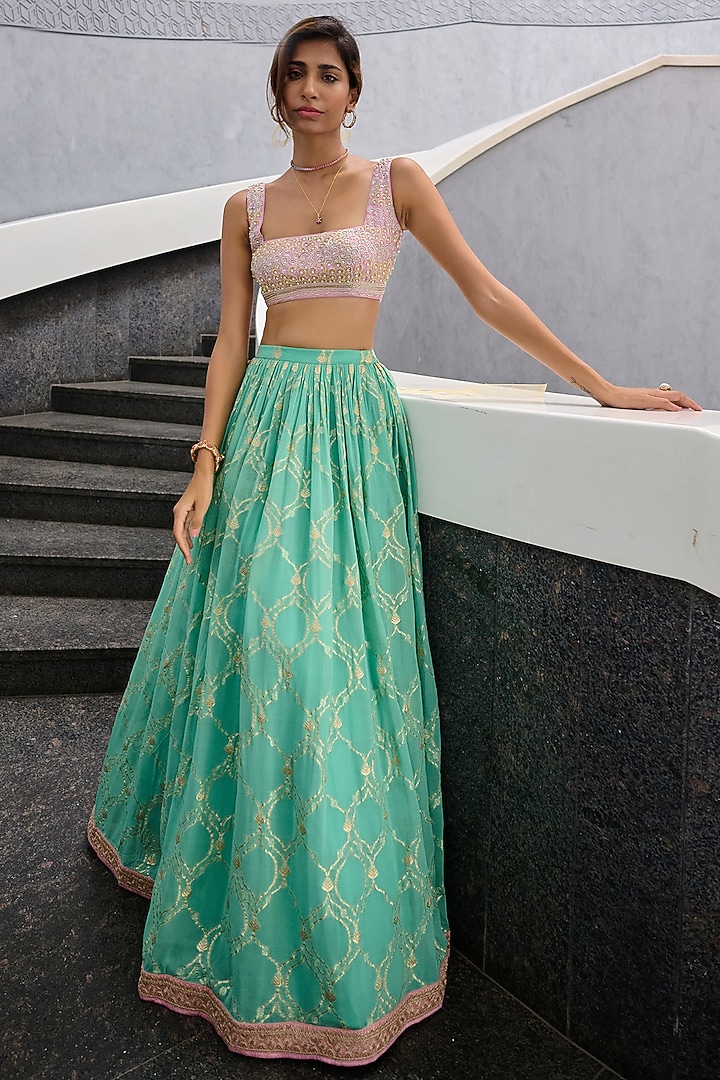 Sea Green Georgette Jamawar Wedding Lehenga Set by Chamee and Palak at Pernia's Pop Up Shop