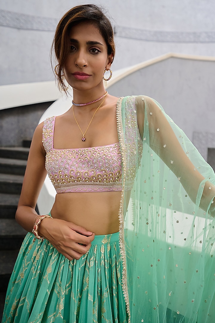 Sea Green Georgette Jamawar Wedding Lehenga Set by Chamee and Palak at Pernia's Pop Up Shop