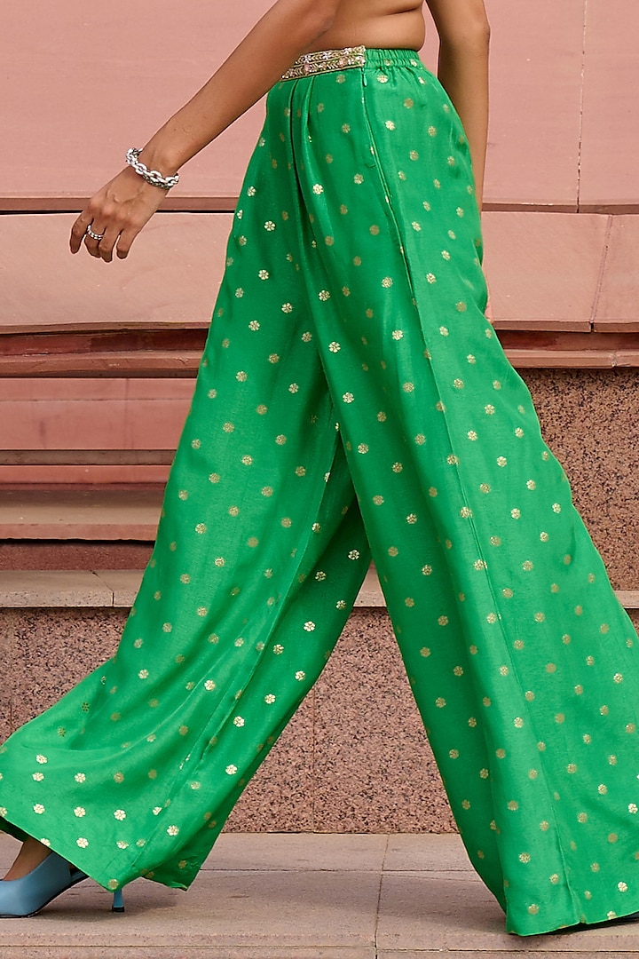 Green Jamawar Palazzo Pant Set by Chamee and Palak at Pernia's Pop Up Shop