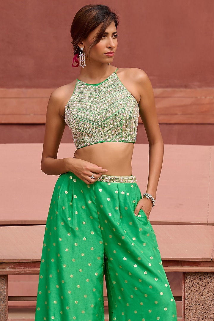 Green Jamawar Palazzo Pant Set by Chamee and Palak at Pernia's Pop Up Shop