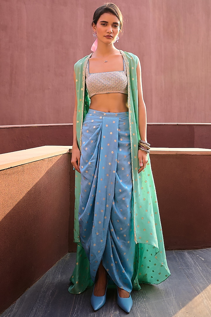 Powder Blue Jamawar Dhoti Skirt Set by Chamee and Palak at Pernia's Pop Up Shop