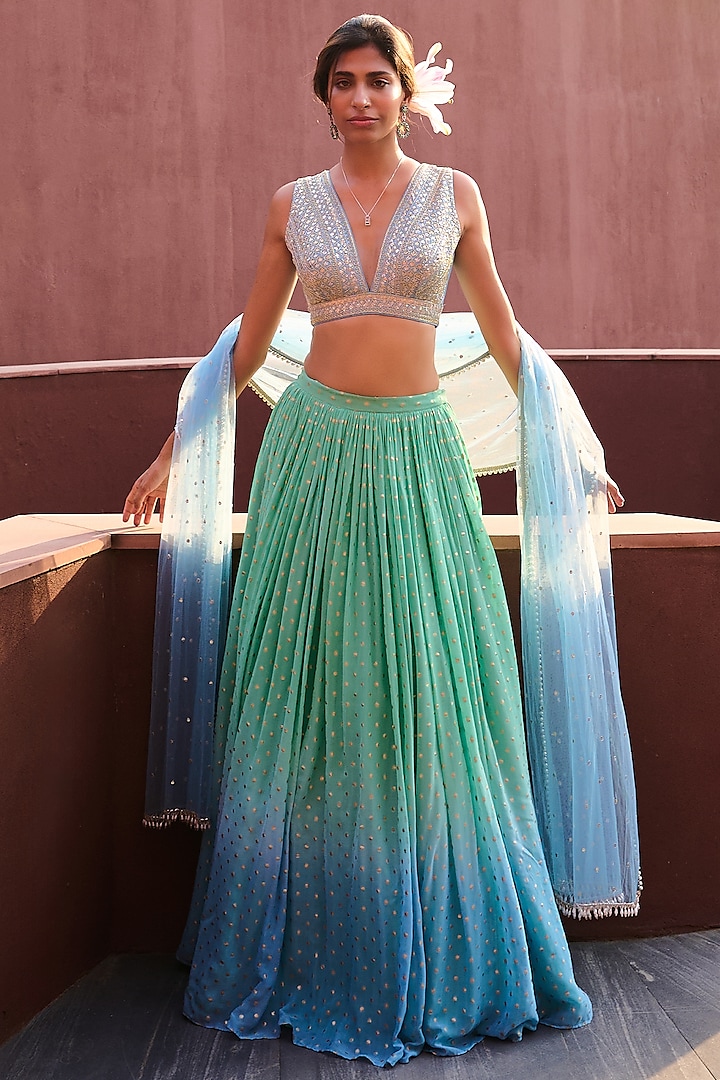 Sea Green & Powder Blue Georgette Ruched Wedding Lehenga Set by Chamee and Palak at Pernia's Pop Up Shop