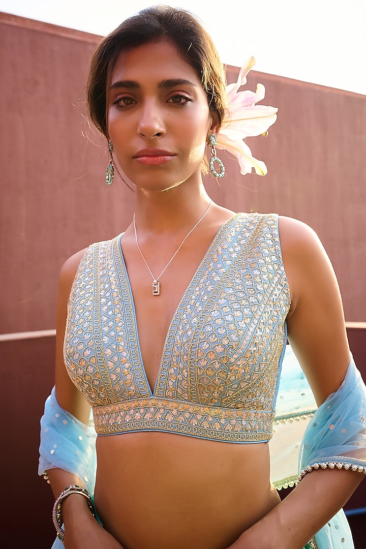Sea Green & Powder Blue Georgette Ruched Wedding Lehenga Set by Chamee and Palak at Pernia's Pop Up Shop