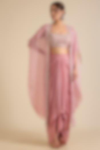 Pink Organza Floral Pearl Embellished Cape Set by Chamee and Palak at Pernia's Pop Up Shop