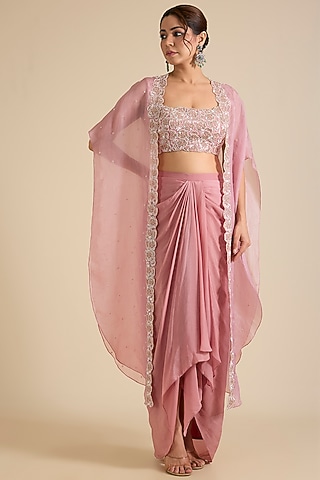 Pink Organza Floral Pearl Embellished Cape Set by Chamee and Palak