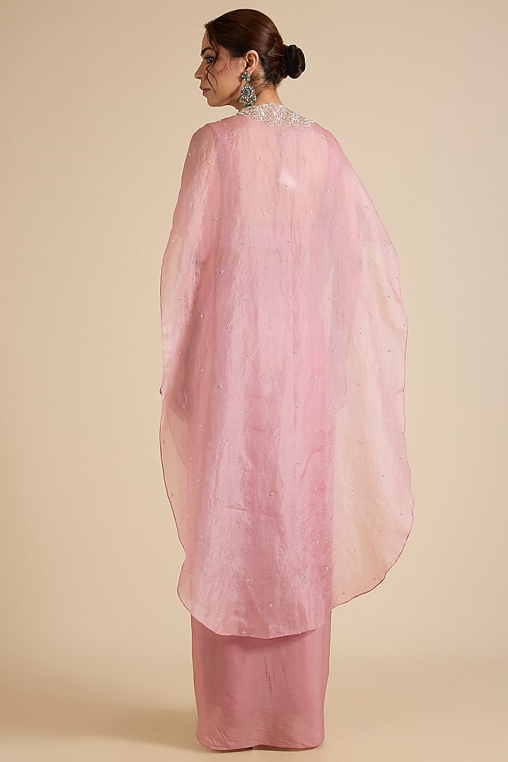 Pink Organza Floral Pearl Embellished Cape Set by Chamee and Palak at Pernia's Pop Up Shop