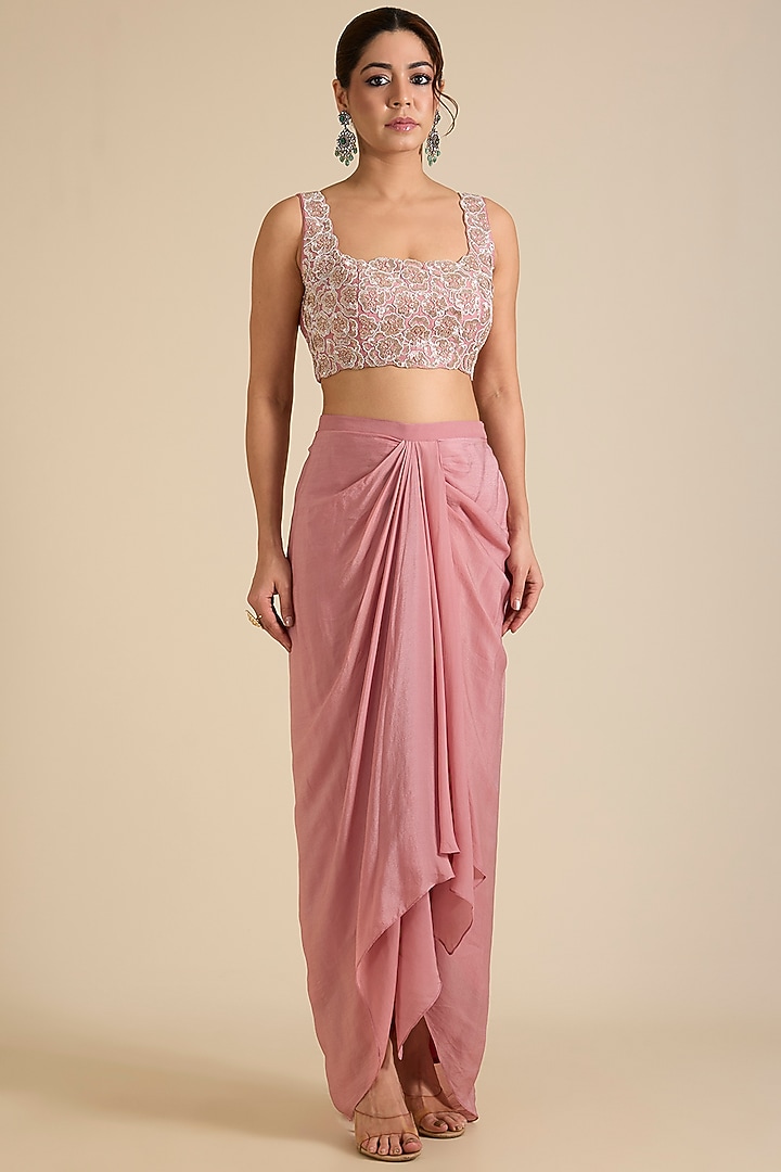 Pink Organza Floral Pearl Embellished Cape Set by Chamee and Palak at Pernia's Pop Up Shop