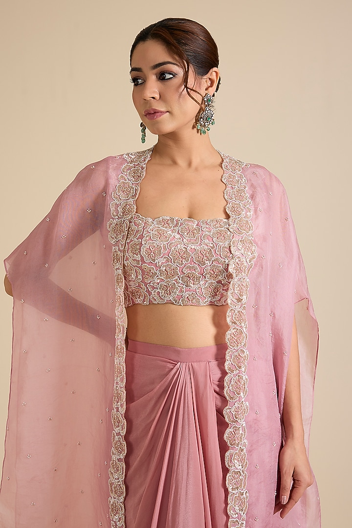 Pink Organza Floral Pearl Embellished Cape Set by Chamee and Palak at Pernia's Pop Up Shop