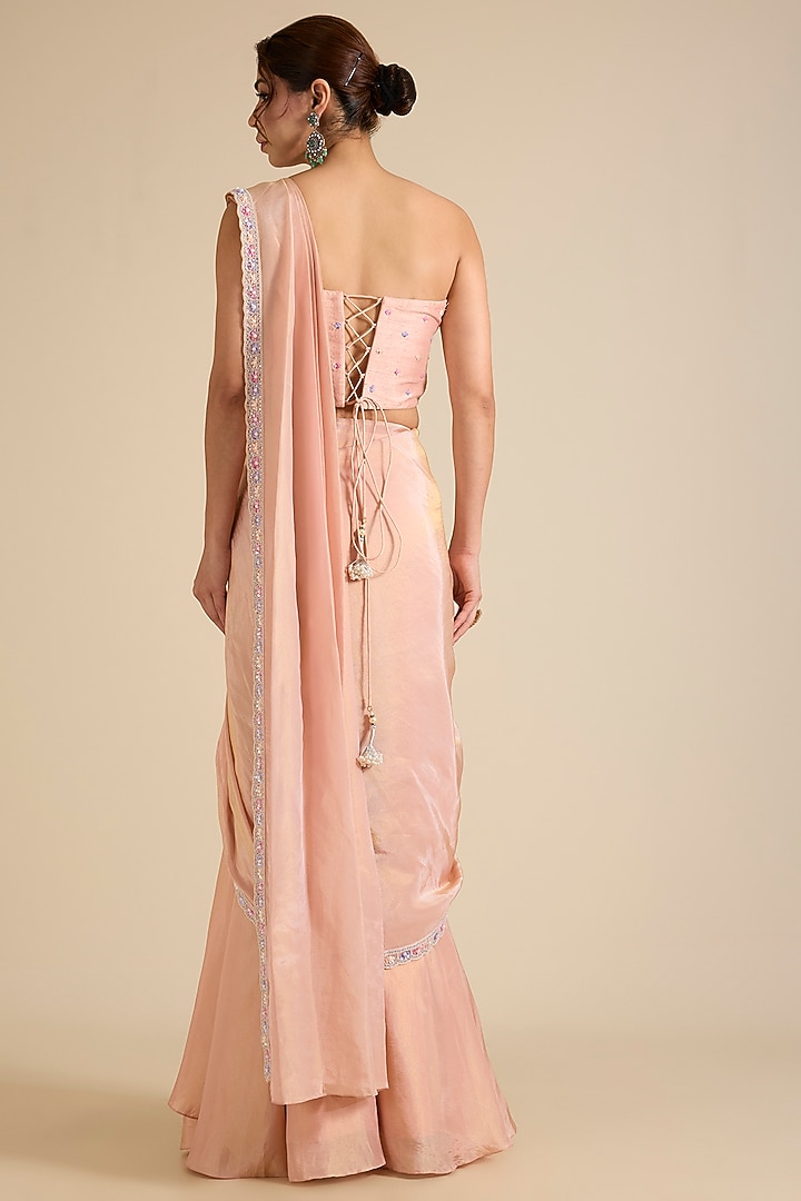 Peach Tissue Embellished Pre-Draped Wedding Saree Set by Chamee and Palak at Pernia's Pop Up Shop