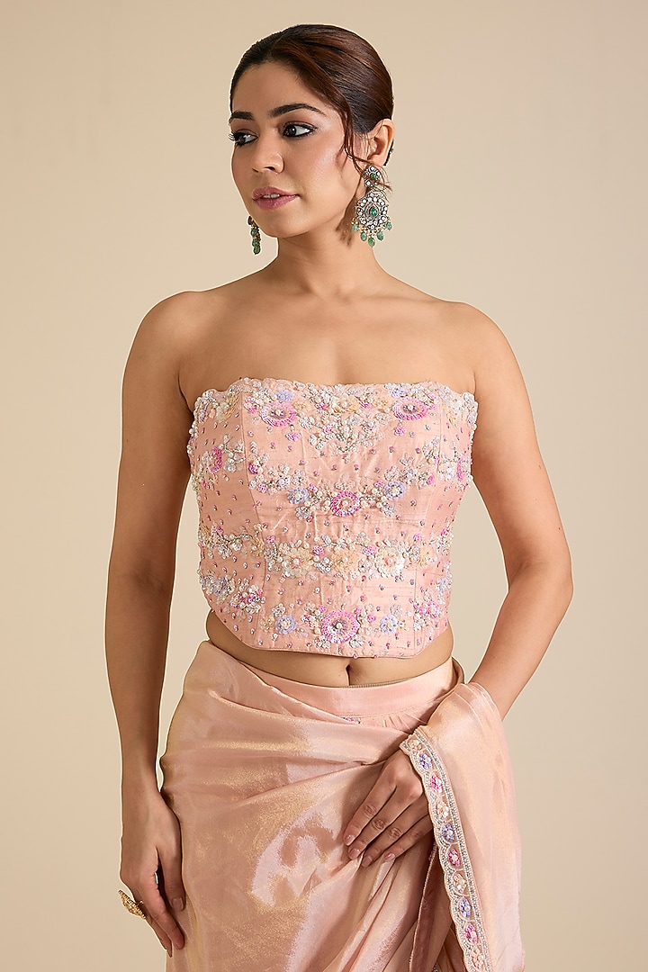 Peach Tissue Embellished Pre-Draped Wedding Saree Set by Chamee and Palak at Pernia's Pop Up Shop