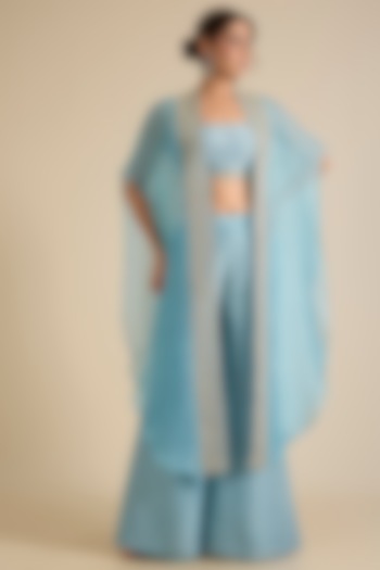 Blue Organza Glass Beads Embroidered Cape Set by Chamee and Palak at Pernia's Pop Up Shop