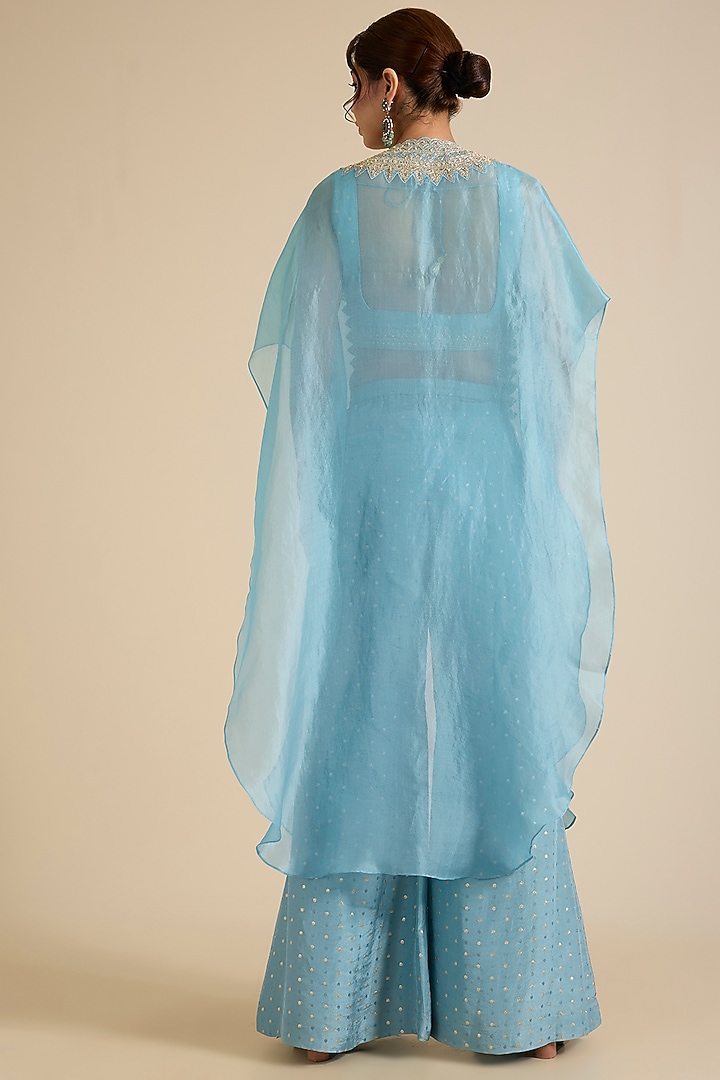 Blue Organza Glass Beads Embroidered Cape Set by Chamee and Palak at Pernia's Pop Up Shop