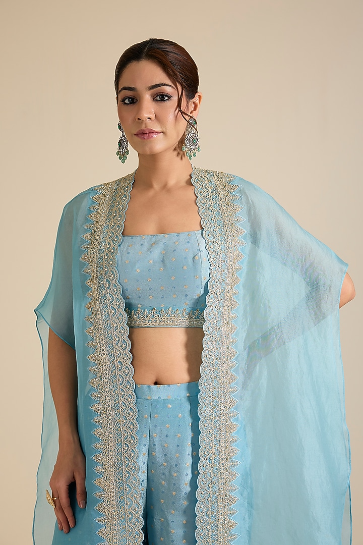 Blue Organza Glass Beads Embroidered Cape Set by Chamee and Palak at Pernia's Pop Up Shop