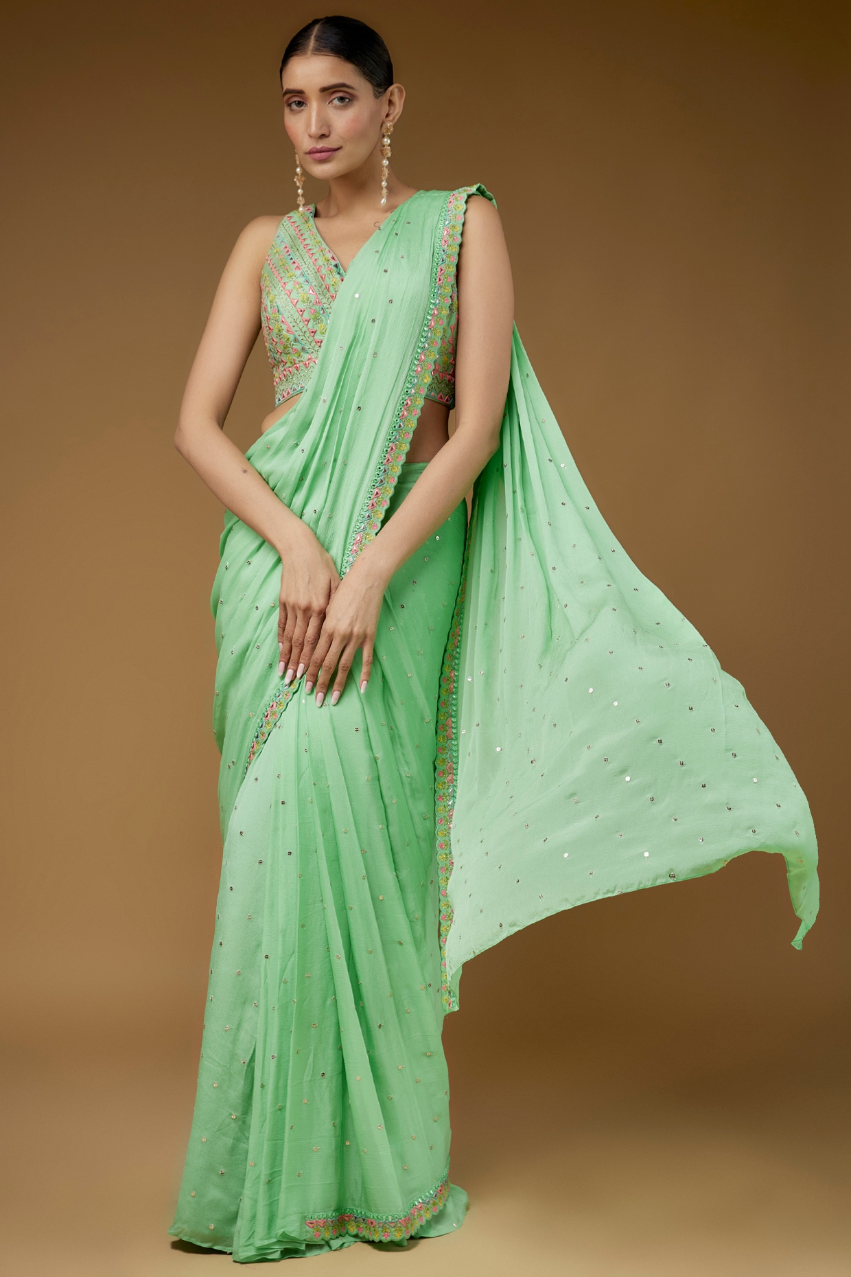 SHOPGARB Sea Green & Black Ombre Satin Ready to Wear Saree - Absolutely Desi