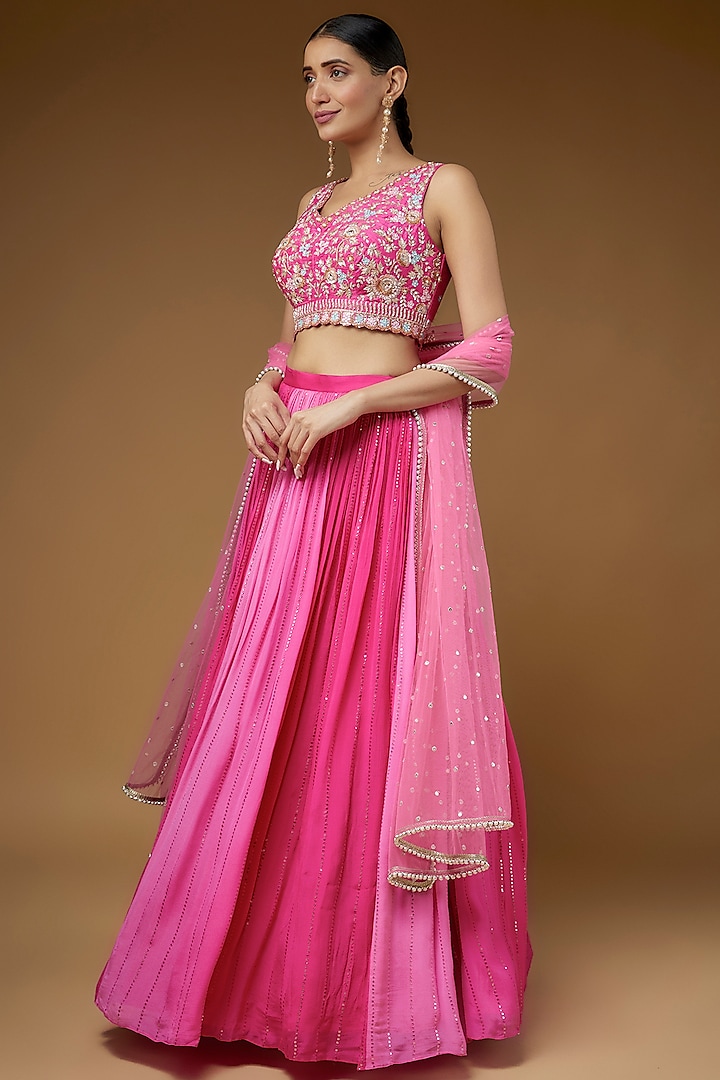 Pink Georgette Printed Shaded Wedding Lehenga Set by Chamee and Palak at Pernia's Pop Up Shop