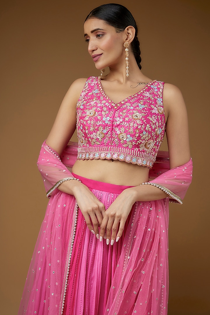 Pink Georgette Printed Shaded Wedding Lehenga Set by Chamee and Palak at Pernia's Pop Up Shop