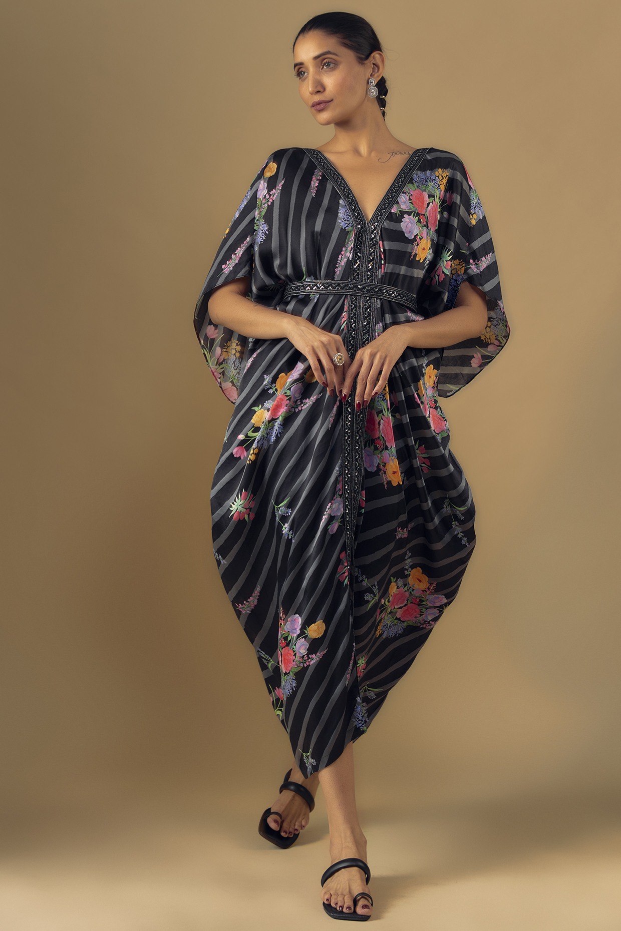 Black Satin Floral Printed Kaftan With Embroidered Belt by Chamee and Palak at Pernia's Pop Up Shop
