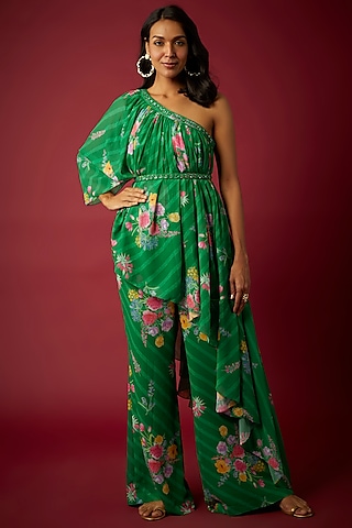 Green Georgette Floral Printed Co-Ord Set by Chamee and Palak