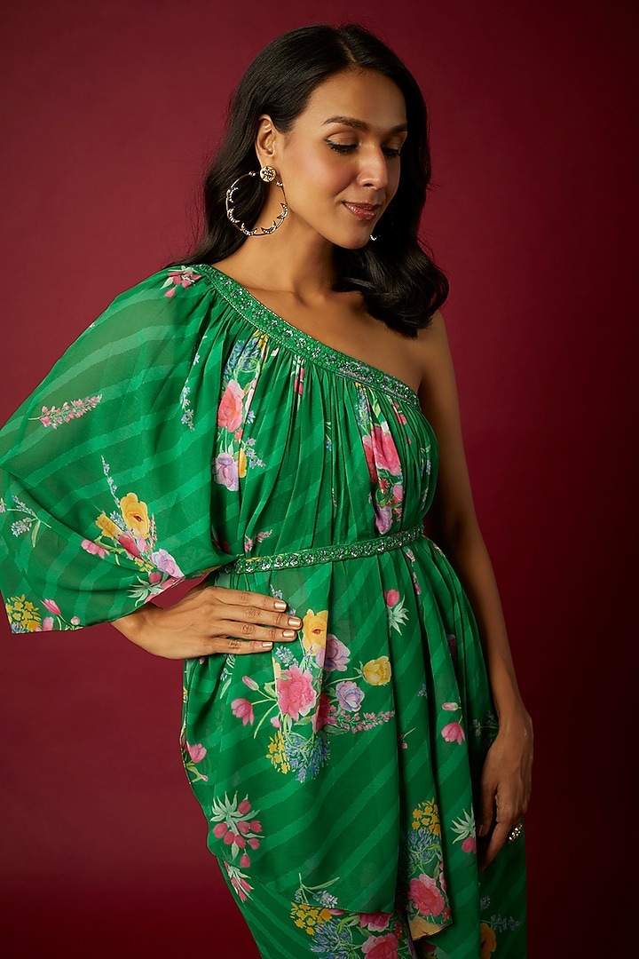 Green Georgette Floral Printed Co-Ord Set by Chamee and Palak at Pernia's Pop Up Shop
