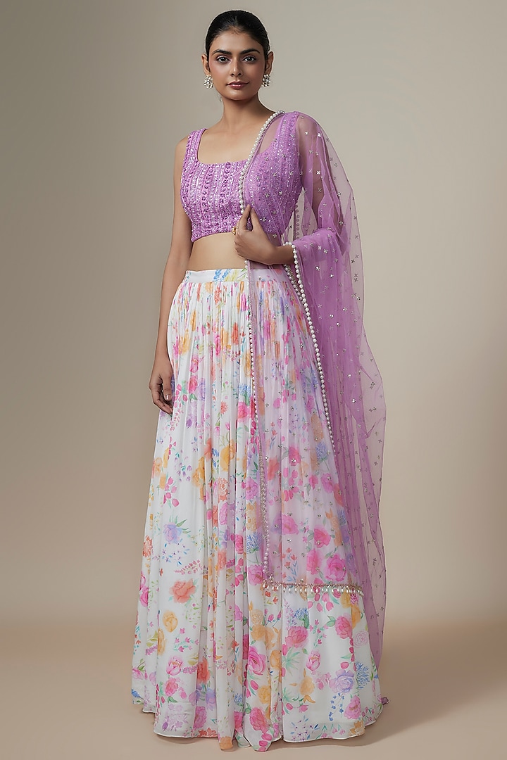 Irene Georgette Floral Printed Ruched Lehenga Set by Chamee and Palak