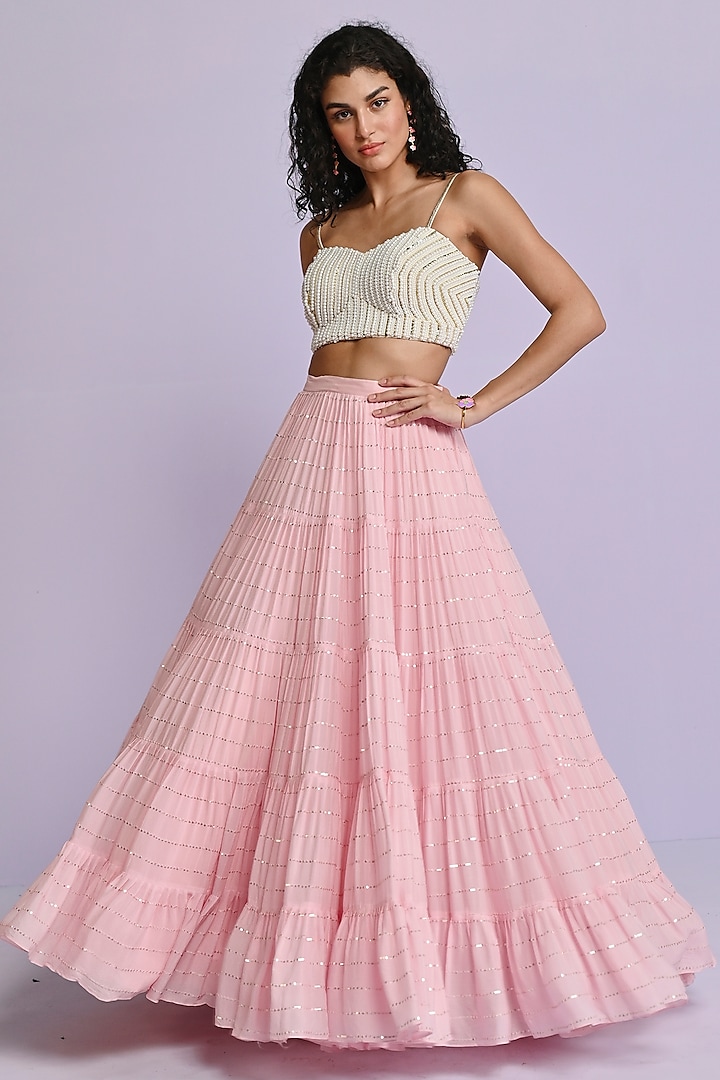 Light Pink Georgette Tiered Wedding Lehenga Set by Chamee and Palak at Pernia's Pop Up Shop