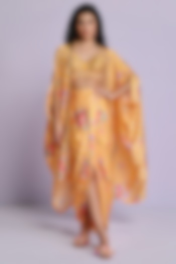 Yellow Raw Silk Draped Printed Skirt Set by Chamee and Palak at Pernia's Pop Up Shop