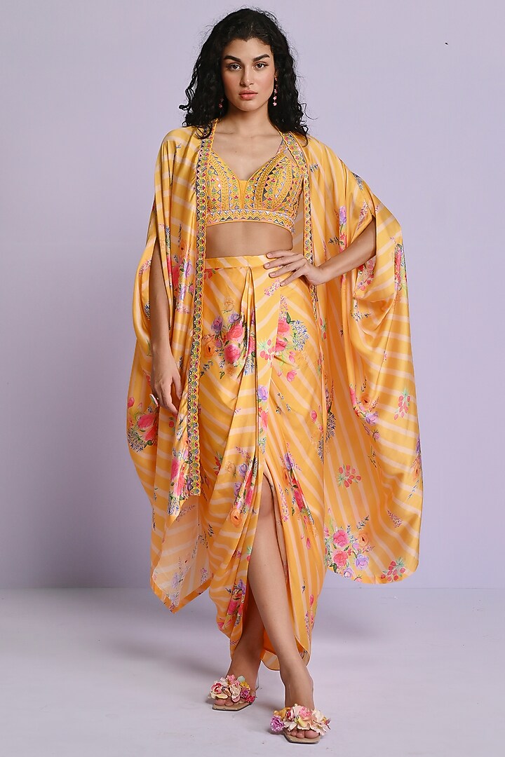 Yellow Raw Silk Draped Printed Skirt Set by Chamee and Palak at Pernia's Pop Up Shop