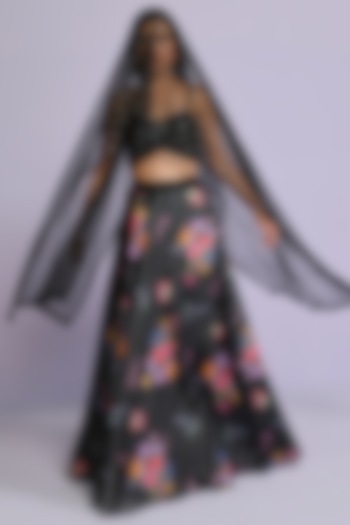 Black Satin Floral Printed Wedding Lehenga Set by Chamee and Palak at Pernia's Pop Up Shop