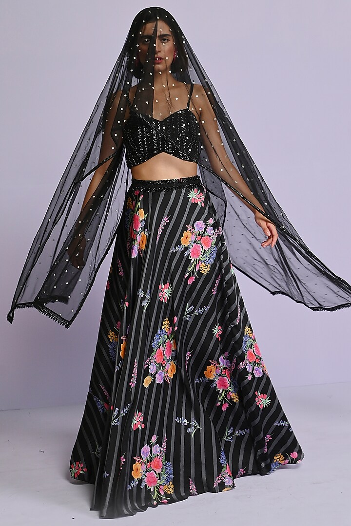 Black Satin Floral Printed Wedding Lehenga Set by Chamee and Palak at Pernia's Pop Up Shop